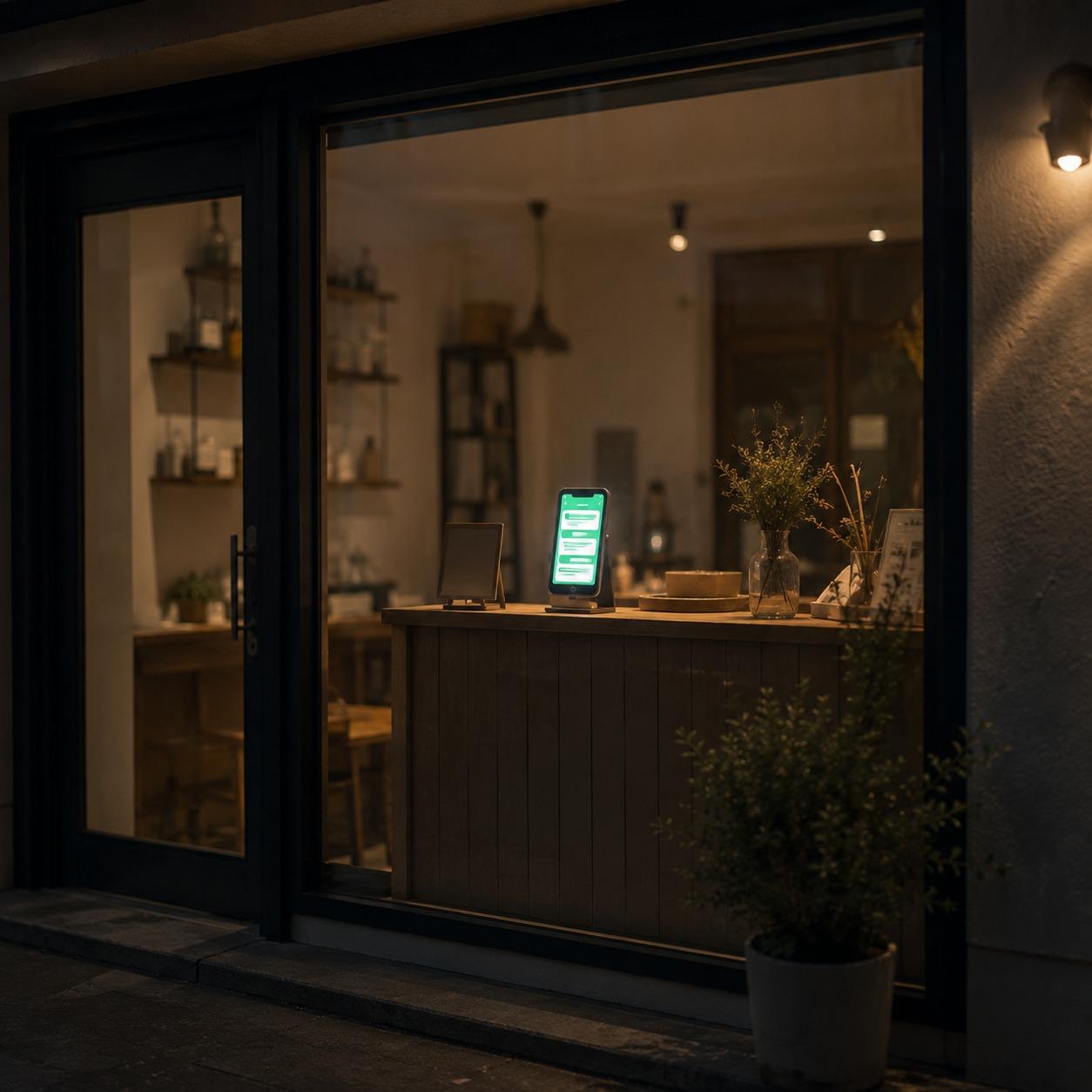 夜の閉店後、スマートフォンの画面だけが光っている店内