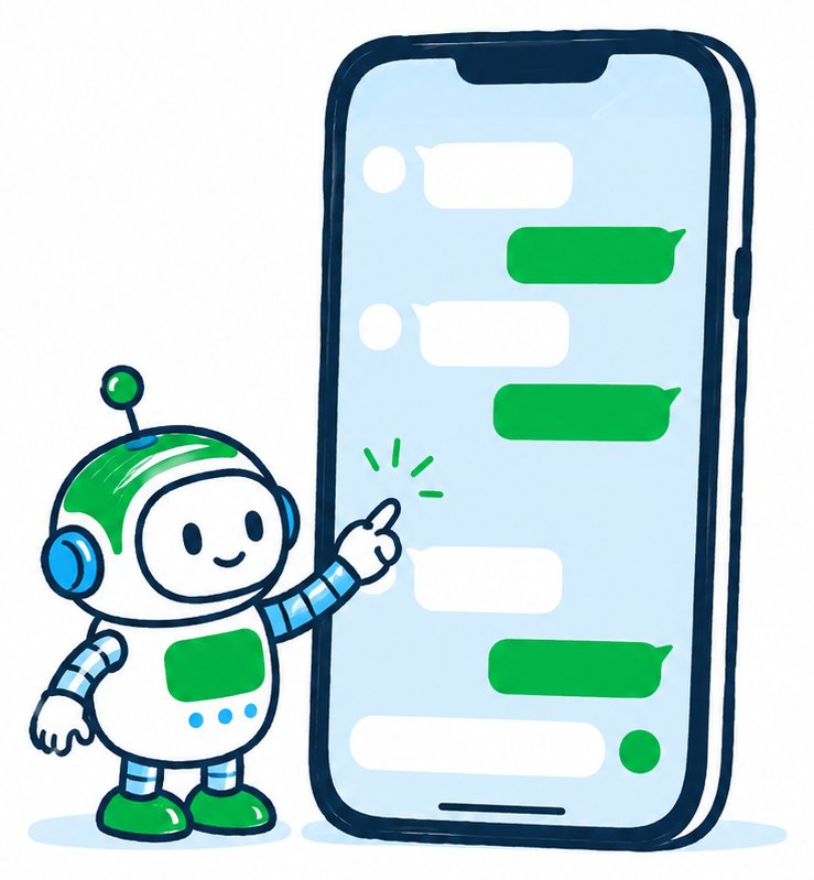 LINEのトーク画面を指さすロボットのイラスト