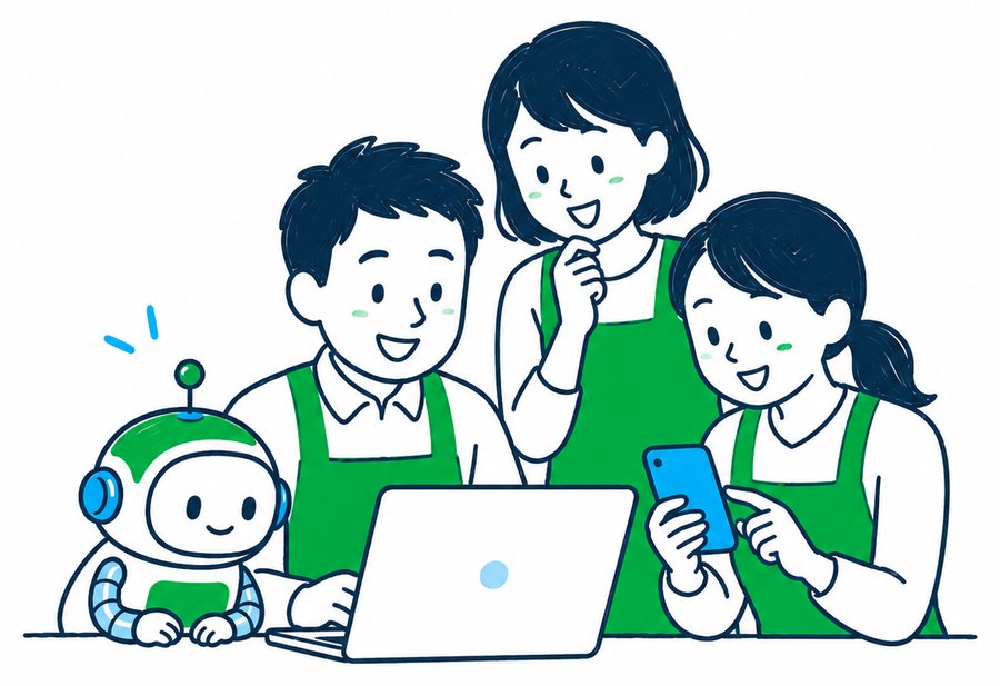 スタッフがロボットと一緒にパソコンとスマートフォンを操作しているイラスト