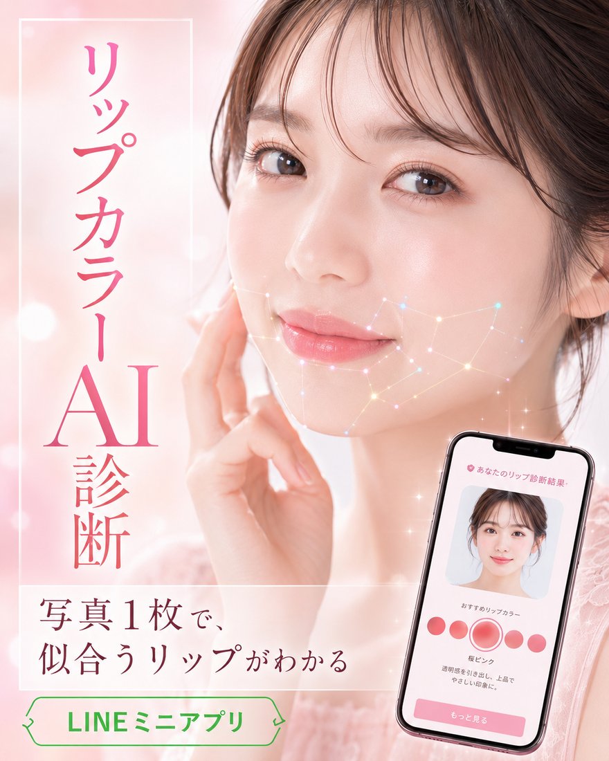 リップカラーAI診断のビジュアル。写真1枚で似合うリップがわかるLINEミニアプリ。スマートフォンの画面におすすめリップカラーの診断結果