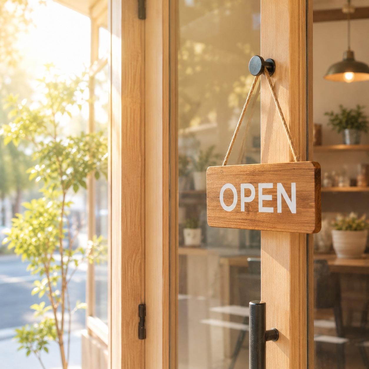 朝の光の中でOPENプレートが掛かった店舗の入口