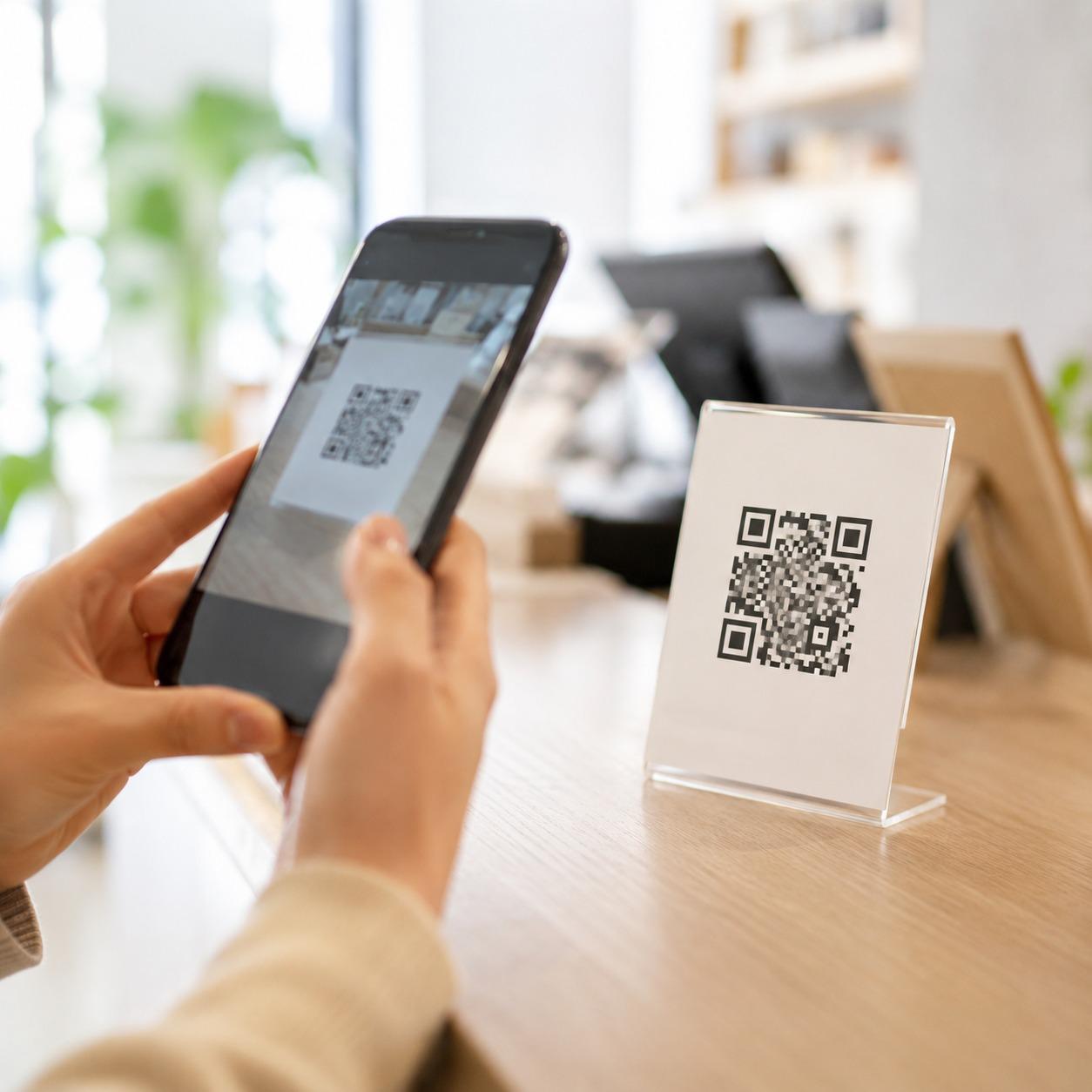 店舗カウンターのQRスタンドをスマートフォンで読み取る様子